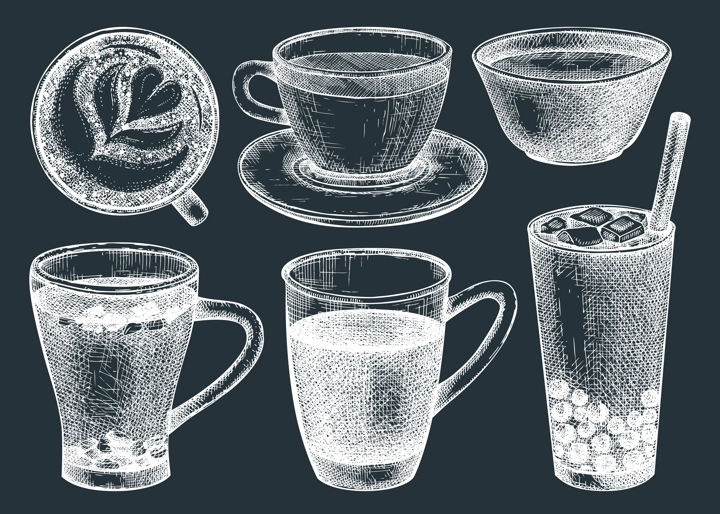 Hand-sketched tea mug illustrations on chalkboard. Vector sketches of hot drink in an glass teacups and glasses. Tea beverages drawings for menu design.